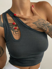 Ribbed Crop Top Hollow Out One Shoulder Sleeveless Top