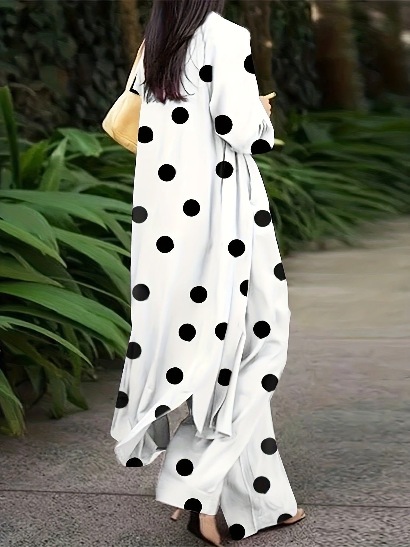 Dot Print Long Sleeve Shirt Top & Wide Leg Pants Set