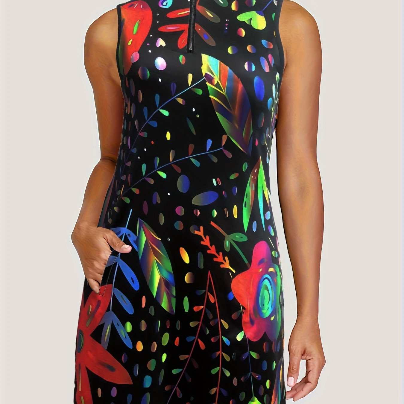 Floral Print Zip Up Stretch Tank Dress w/ Pockets - Plus Size