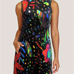 Floral Print Zip Up Stretch Tank Dress w/ Pockets - Plus Size