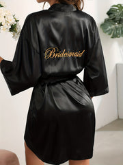 Embroidery Night Robe Deep V Satin Robe Women's Sleepwear