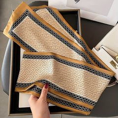 Geometric Print Skinny Silk Scarf Double Layer Neck Tie Ribbon