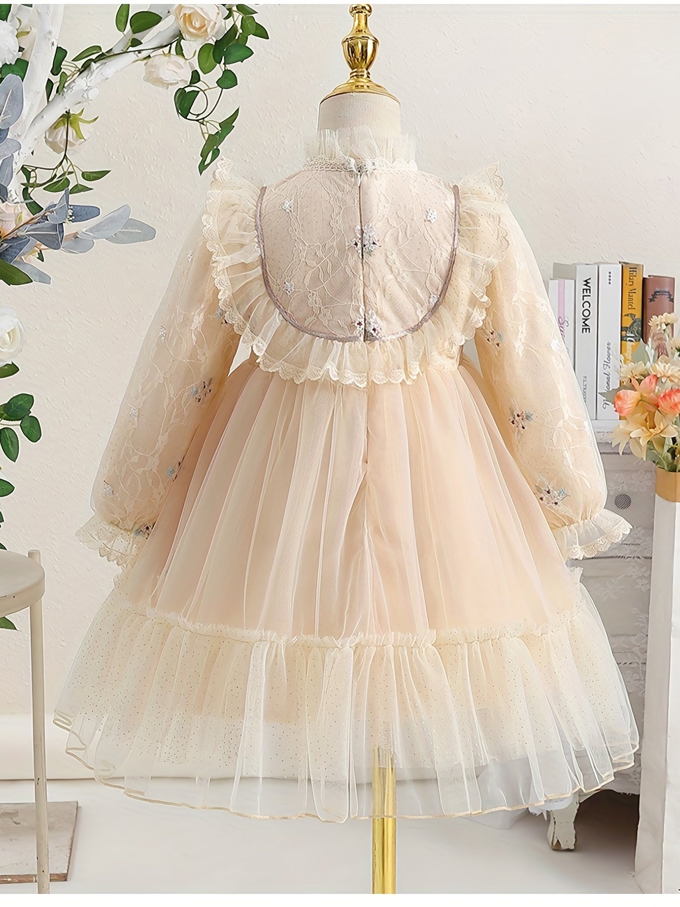 Girls' Lace Embroidered Princess Dress with Tulle