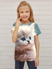 Funny 3D Cat Graphic Short Sleeve T-shirt for Girls