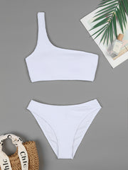 One Shoulder Solid 2 Piece Set Bikini Asymmetric Ruched Swimsuit