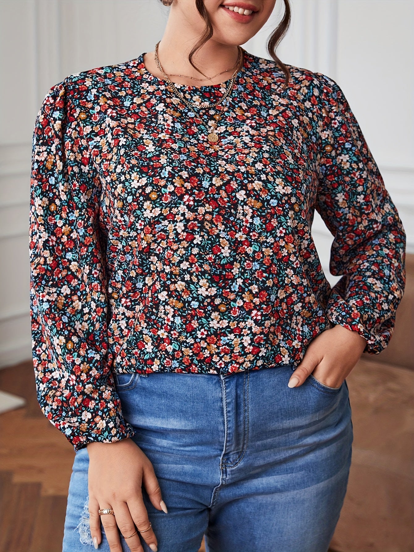 Women's Plus Ditsy Floral Lantern Sleeve Boho Blouse