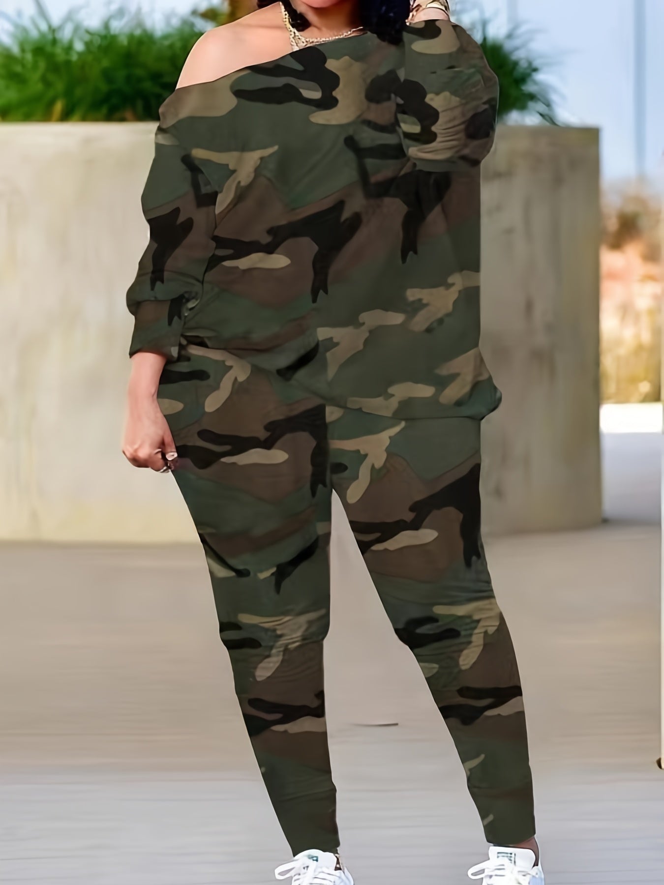 Camo Print One Shoulder Top & Pants Set