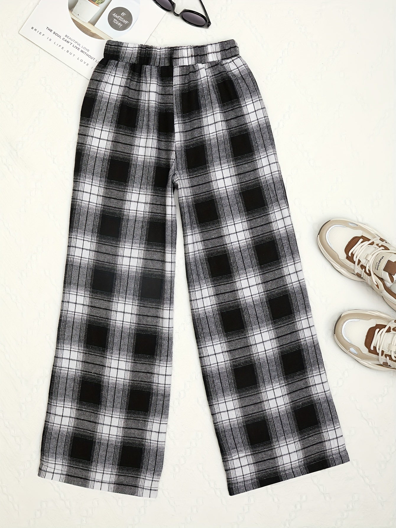 Girls' Plaid Wide Leg Trousers Loose Fit Street Style Kids Teens Outfit