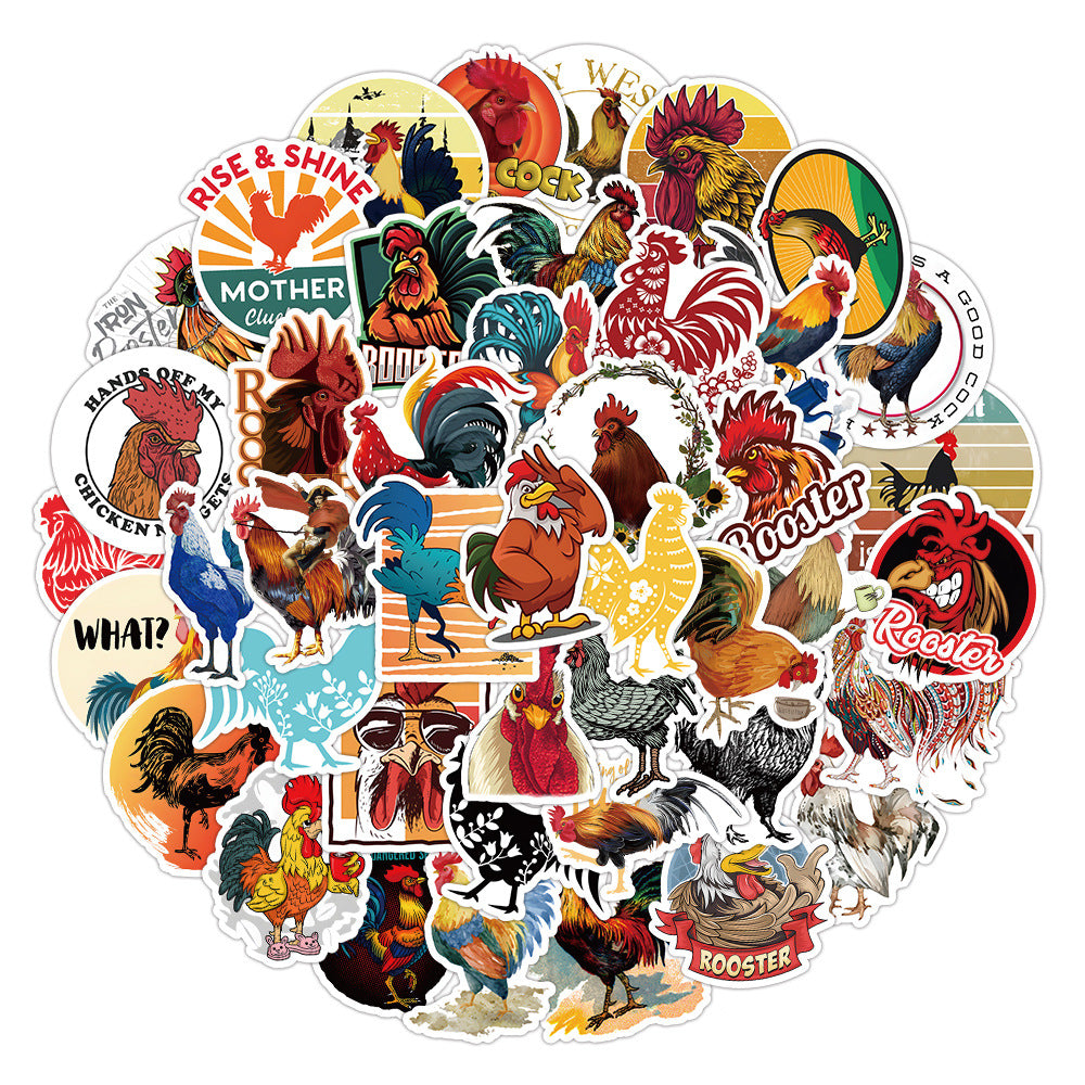50pcs Cartoon Rooster PVC Stickers - Non-repeating Designs
