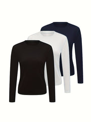 3pcs Solid Thermal Underwear Tops Long Sleeve Crew Neck Women's Lingerie
