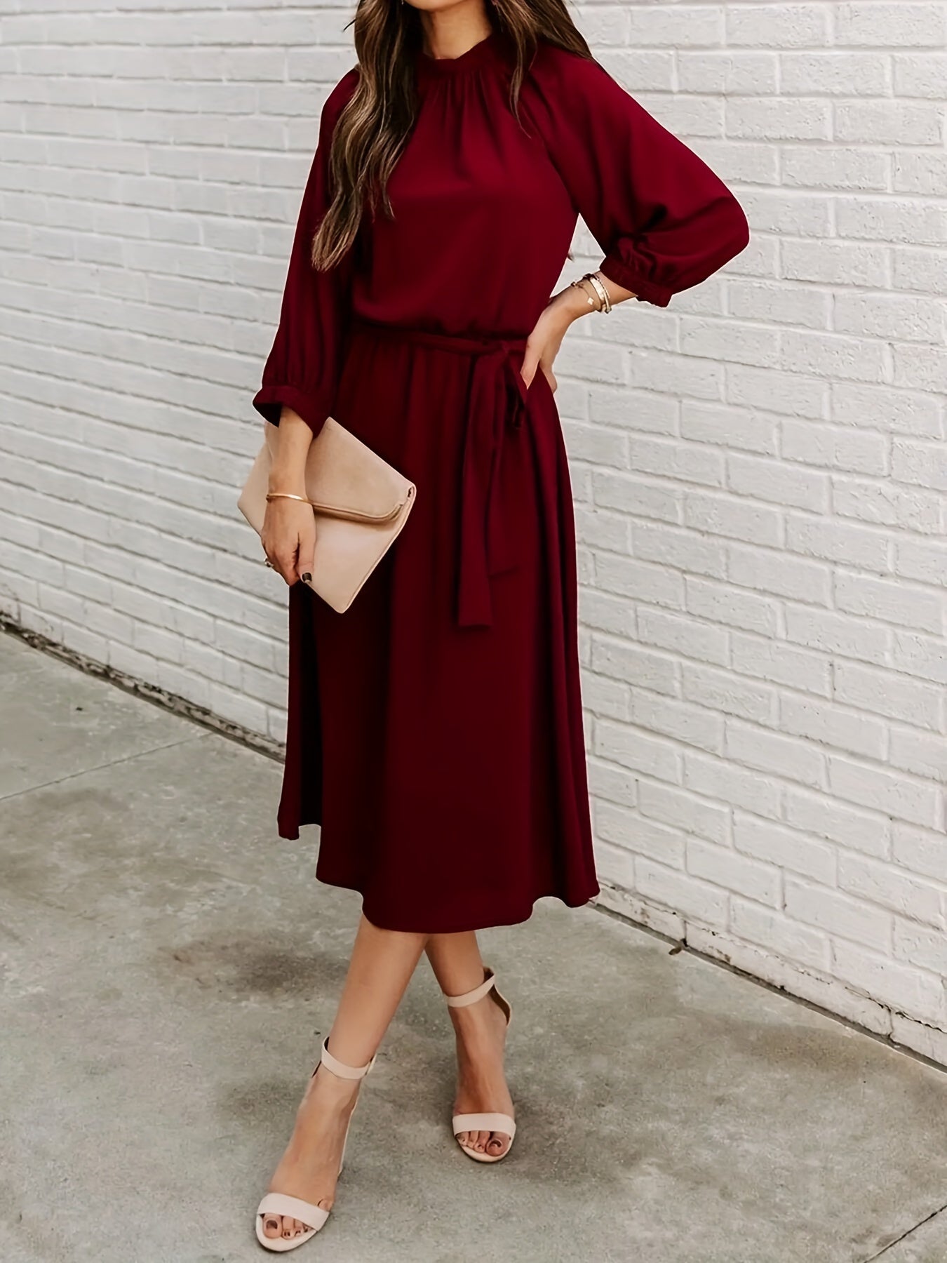 Ruched Long Sleeve Party Midi Dress Women's Clothing