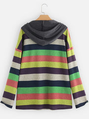 Block Striped Pocket Hoodie Long Sleeve Drawstring Hoodies Sweatshirt