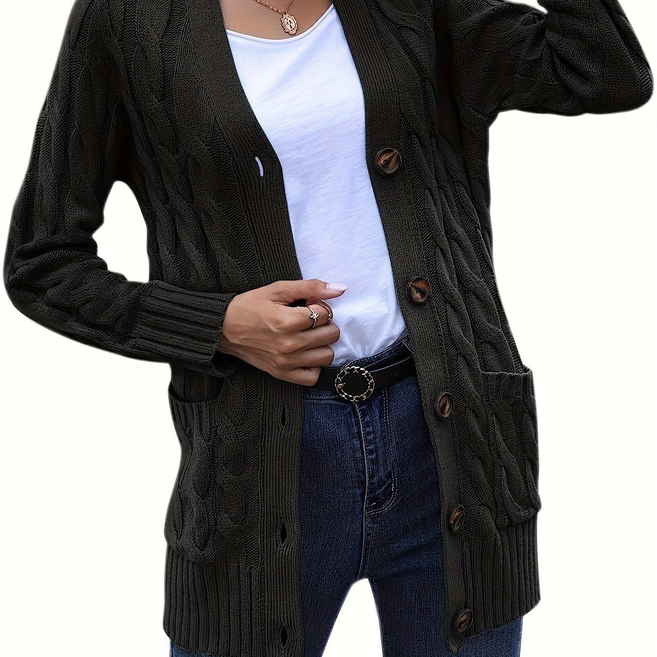 Cable Knit Button Up Cardigan with Pockets