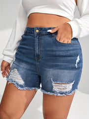 Eye Print Ripped Denim Shorts with Fringe Trim