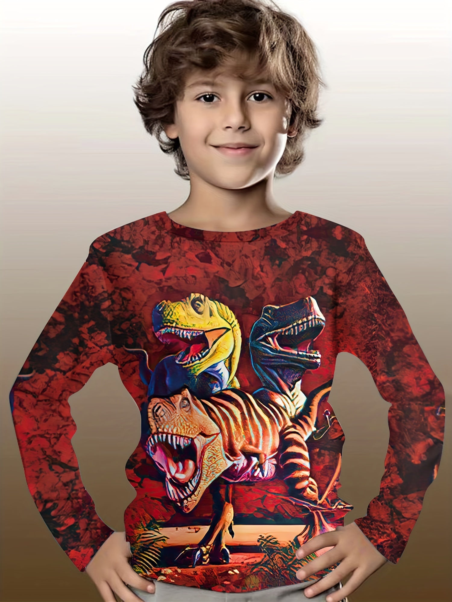 3D Dinosaur Print Kid's Pullover Long Sleeve Top for Boys