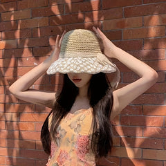 Lace Flower Ribbon Sun Hat Wide Brim Straw Hat Foldable Travel Beach Hats