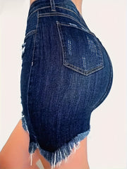 Casual Denim Shirt & Solid Ripped Denim Skirt Set