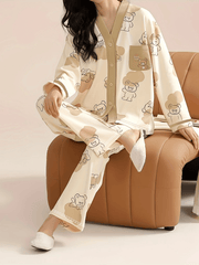Bear Print Pajama Set Long Sleeve V Neck Buttons Top & Pants