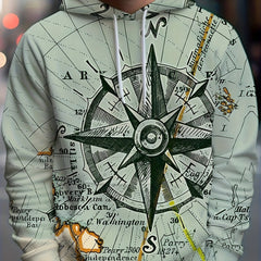 Compass Print Graphic Hoodie Loose Pullover for Men