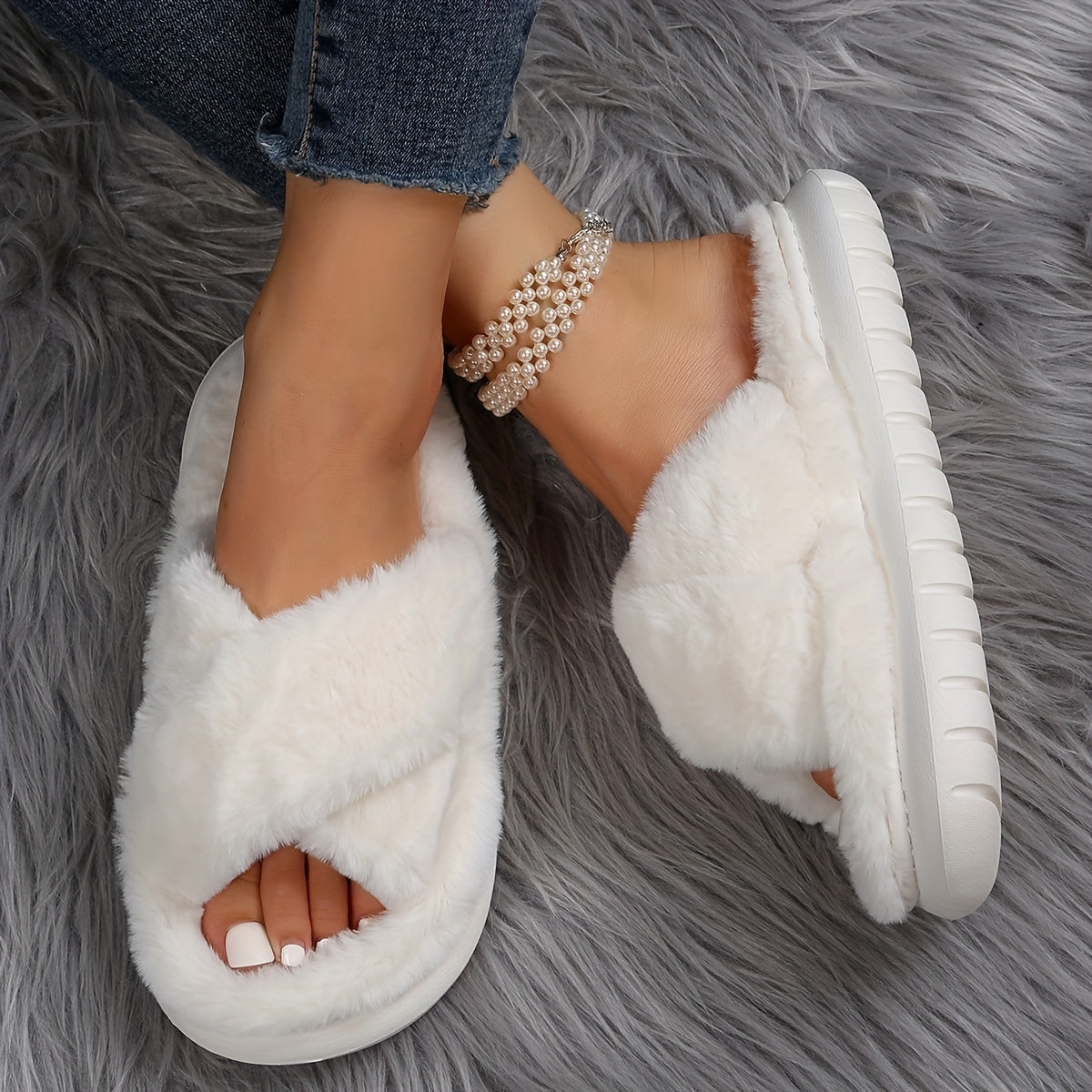 Plush Platform Slippers Cross Strap Slip On Comfortable Indoor Shoes