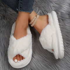 Plush Platform Slippers Cross Strap Slip On Comfortable Indoor Shoes