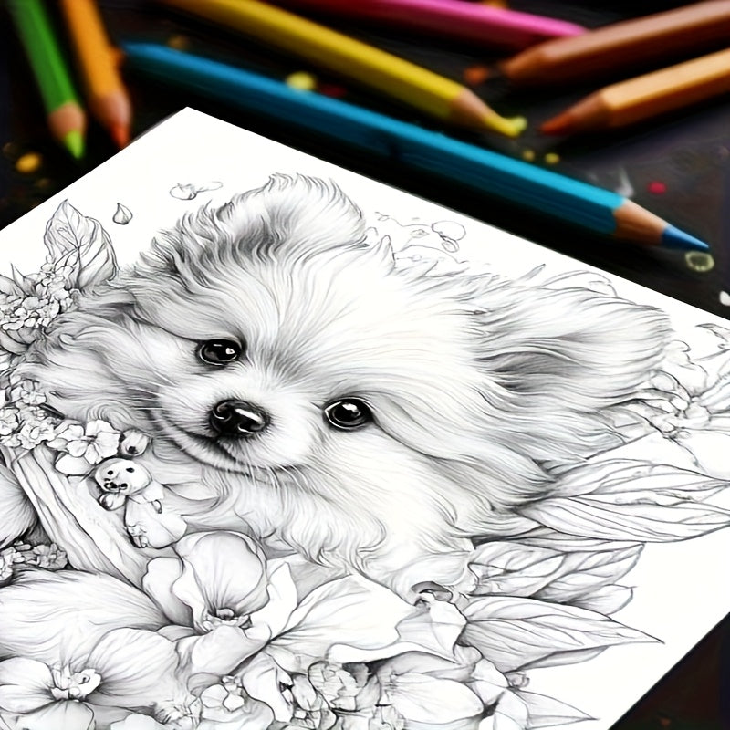 Adult Coloring Book Dog Flower Bush 20 Page Relaxing Art Stress Relief Gift