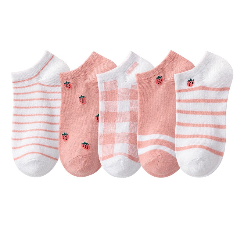 5 Pairs Pink Strawberry Pattern Ankle Socks