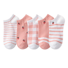 5 Pairs Pink Strawberry Pattern Ankle Socks