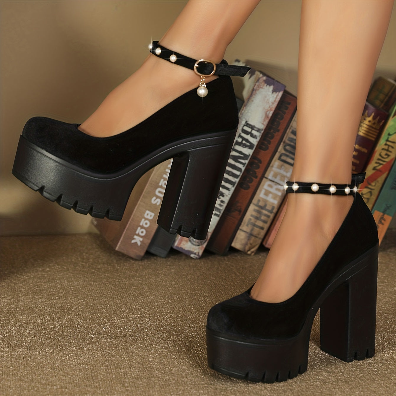 Faux Pearl Block Heels Stylish Party Pumps
