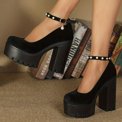 Faux Pearl Block Heels Stylish Party Pumps