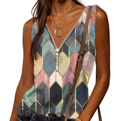 Print V Neck Zip Up Tank Top Sleeveless Summer Women's Clothing