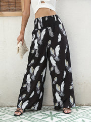 Feather Print Shirred Waist Pants Wide Leg Summer Pants