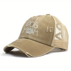 DOG MOM Embroidery Ponytail Baseball Cap Ripped Washed Distressed Sun Hat