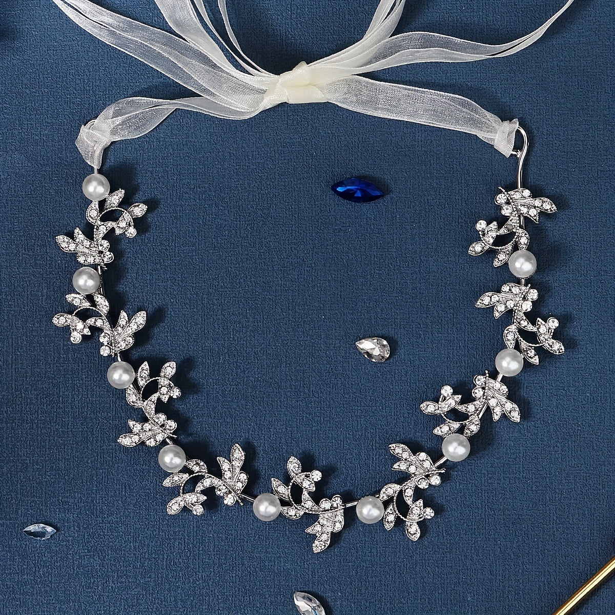 Faux Pearl & Rhinestone Leaf Headband Adjustable Bridal Hair Accessory