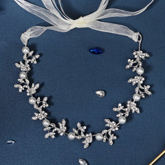 Faux Pearl & Rhinestone Leaf Headband Adjustable Bridal Hair Accessory