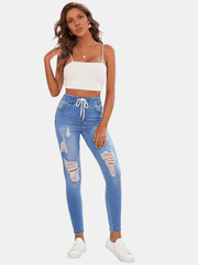 Ripped Holes Skinny Jeans Slim Fit Distressed Elastic Waist Versatile Denim Pant