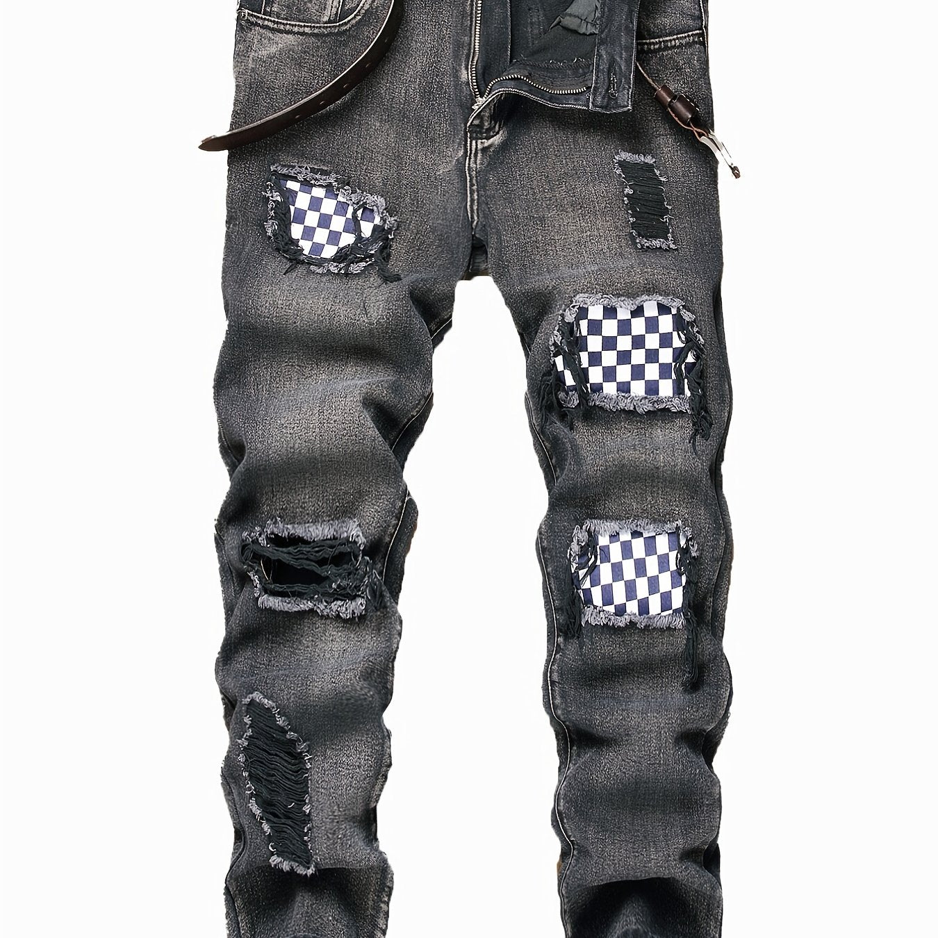 Men's Patchwork Ripped Jeans Casual Street Style Distressed Denim Pants