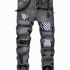 Men's Patchwork Ripped Jeans Casual Street Style Distressed Denim Pants