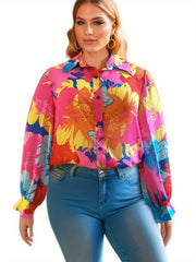 Blouse Women's Plus Floral Print Sleeve Button Up Collar Top