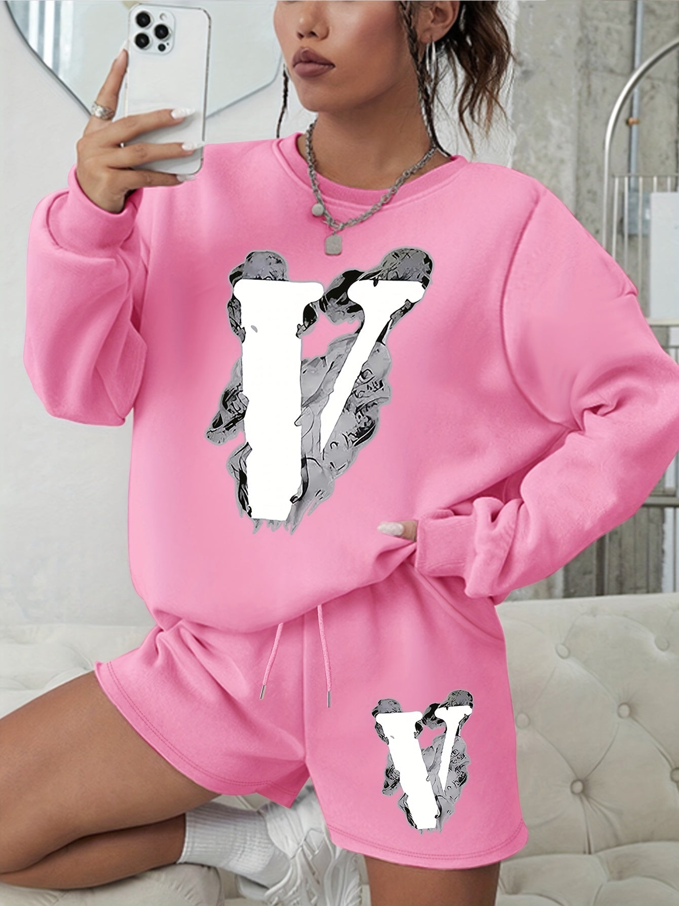 Women's Letter Print Sweatshirt & Shorts 2pcs Set