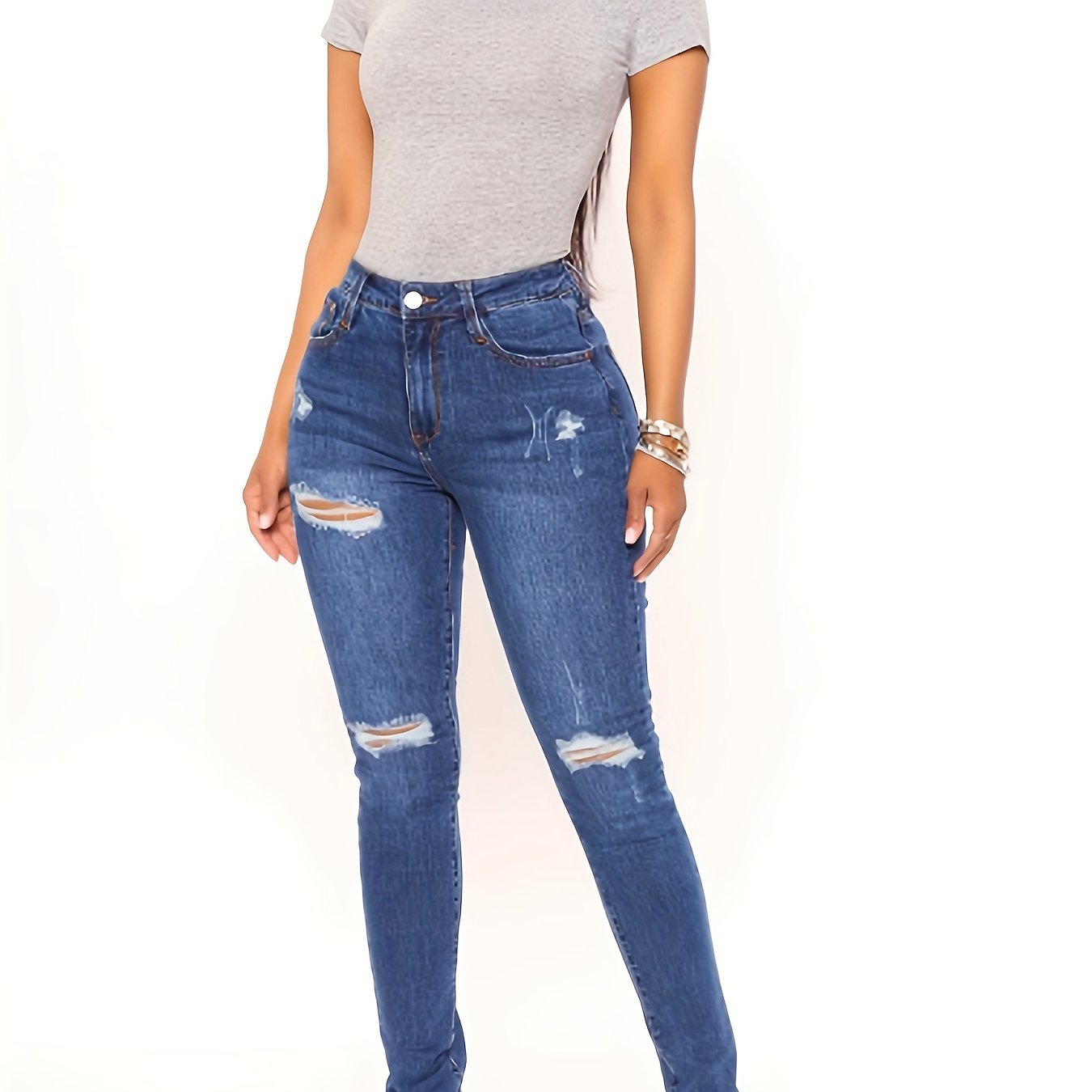 Washed Ripped Button Fly Stretch Skinny Jeans