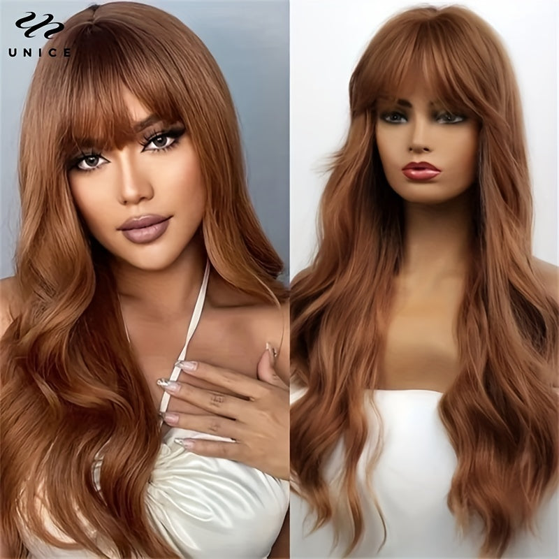 Brown Long Straight Hair Wig with Bangs Glueless Layer Cut Human Hair Wig