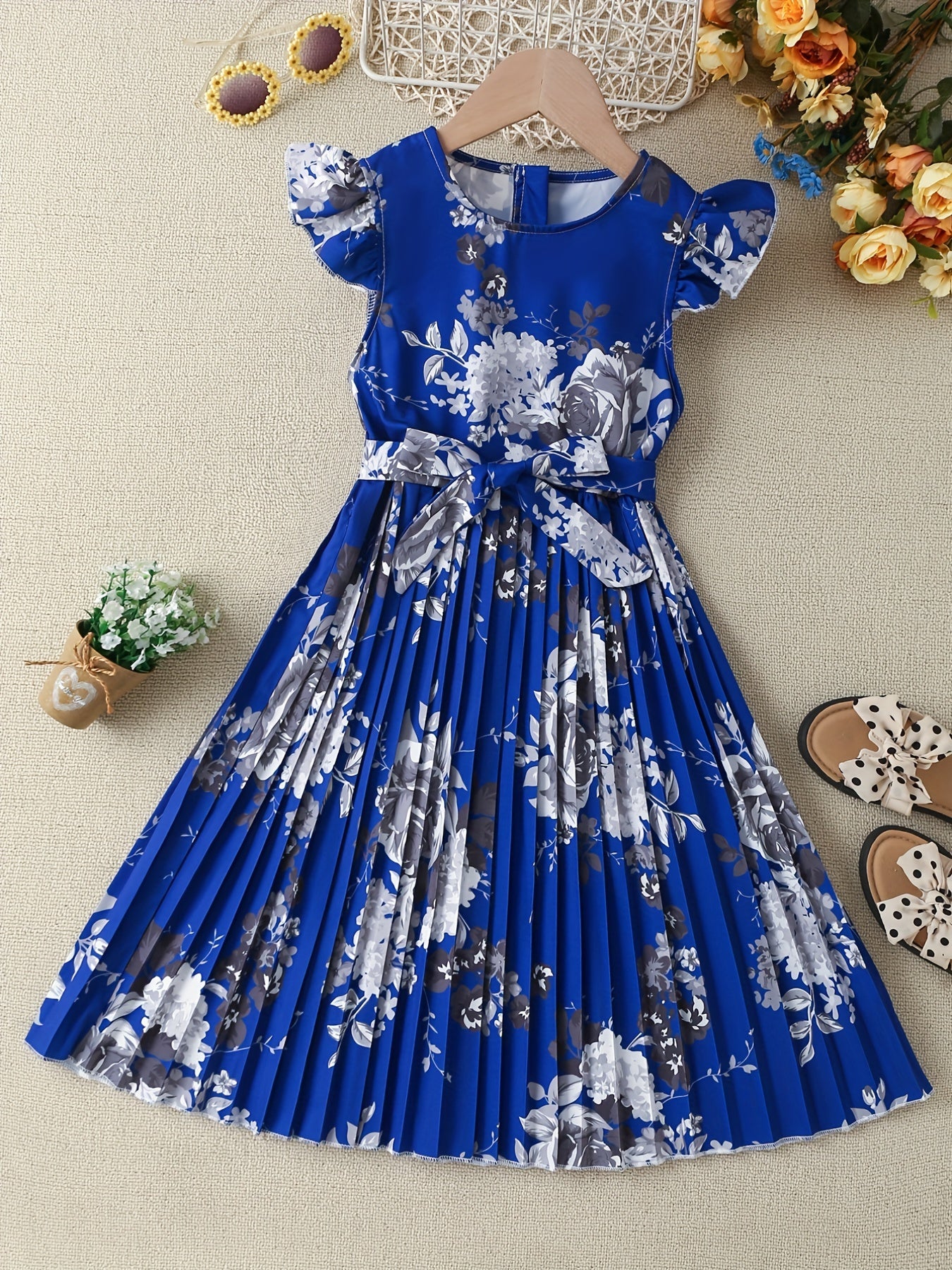 Girls' Boho Floral Pleated Casual Dress Fly Sleeve