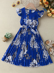 Girls' Boho Floral Pleated Casual Dress Fly Sleeve