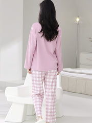 Cartoon Print Pajama Set Long Sleeve Top & Plaid Pants