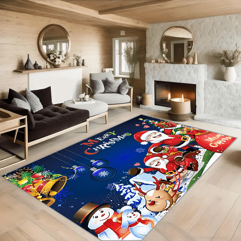 Christmas Living Room Carpet Merry Christmas Cartoon Elk Santa Claus Snowman Rug