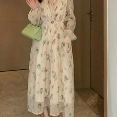 Floral Print Surplice Neck Dress Chiffon Long Sleeve