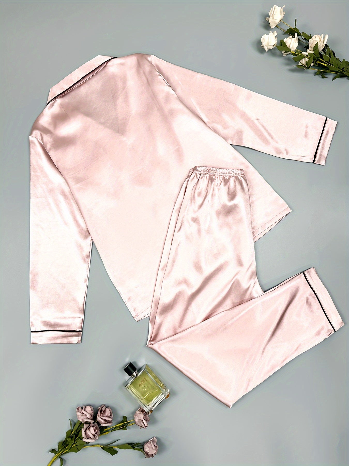 Satin Pajama Set Long Sleeve Top & Elastic Waist Pants Women's Sleepwear