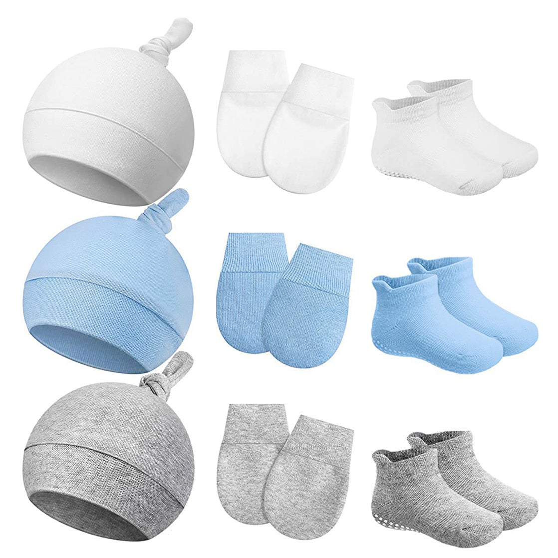 3pc Newborn Baby Hat & Mittens & Socks Soft Cotton Beanie Knot For 0-6 Months