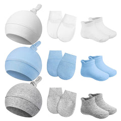 3pc Newborn Baby Hat & Mittens & Socks Soft Cotton Beanie Knot For 0-6 Months